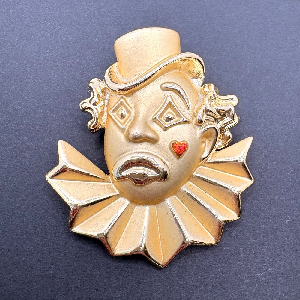 Vintage AJC Sad Clown Jester Brooch Red Heart Gold Tone Circus 2"